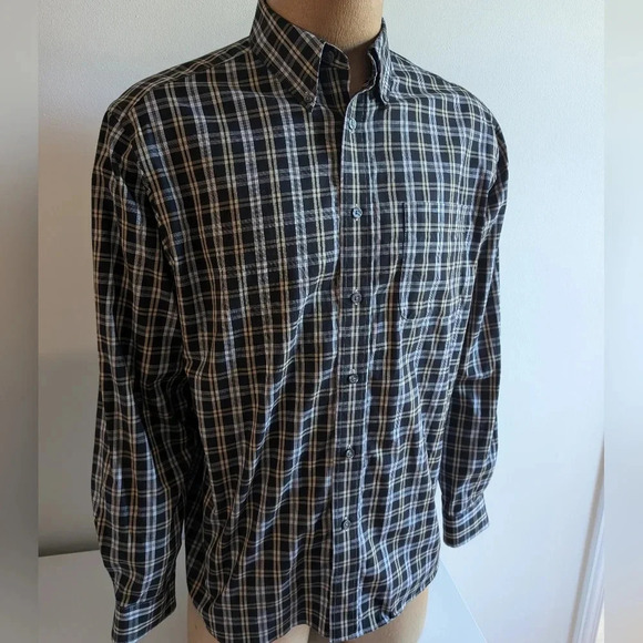 New! EDDIE BAUER black white and  gold plaid shirt - Picture 2 of 11